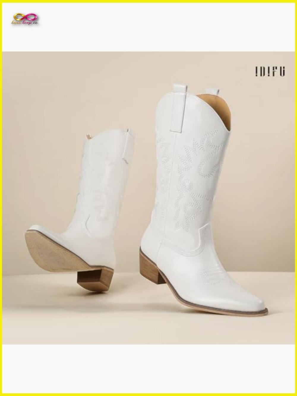 Western Embroidered Chunky Low Heel Pointed Toe Mid Calf Cowgirl Booties Boots - Picture 3 of 7